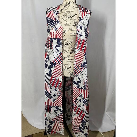 Handmade Maxi Sleeveless V-Neck Red White Blue Duster Patriotic Pattern - Picture 3 of 8